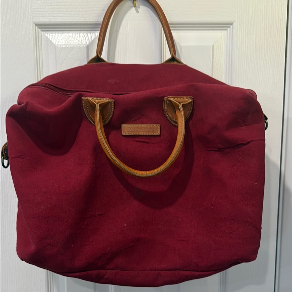 Dooney and Burke Vintage Red Canvas Tote Bag with Tan Leather Handles